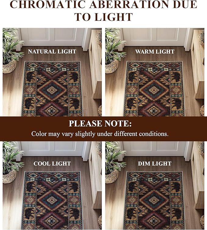 Hallway Runner Rug 2x8 Indoor Door Mat - Western Rug Bear Rustic Cabin Non-Slip Entryway Rug, Low Pile Tribal Print for Kitchen, Bedroom