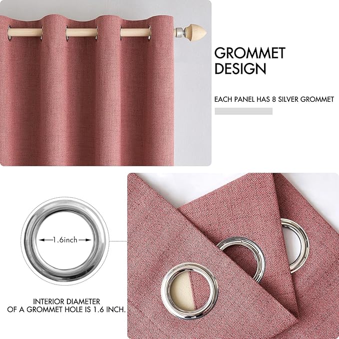 MIULEE 100% Blackout Linen Textured Curtains for Bedroom Solid Thermal Insulated Dusty Rose Grommet Room Darkening Curtains & Drapes Luxury Decor for Living Room Nursery 52 x 54 Inch (2 Panels)