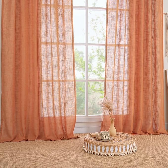 LAMIT 54 Inch Semi Sheer Window Linen Curtains, Light Filtering Panels Back Tab and Rod Pocket Country Decor Drapes for Bedroom/Farmhouse, Burnt Orange, 2 Panels, 34 x 54 Inch