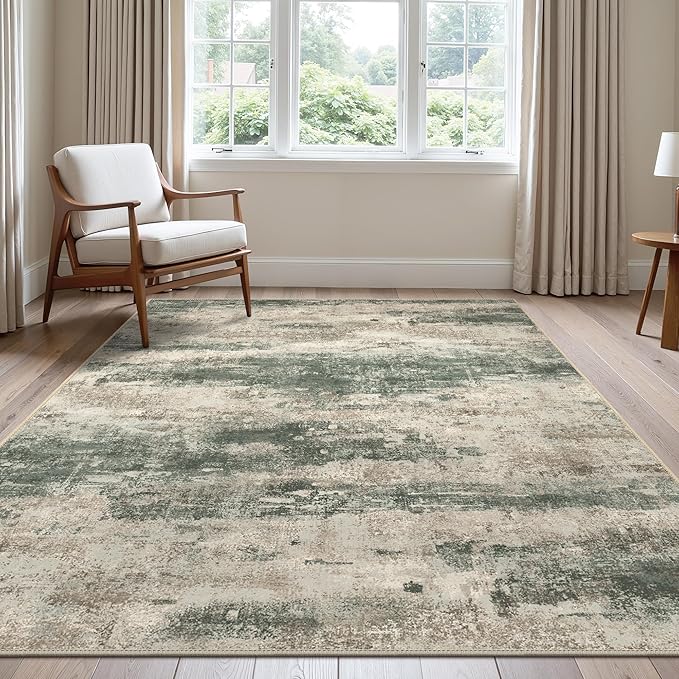 BEIMO Area Rugs 6x9 for Living Room Bedroom, Modern Abstract Machine Washable Rug, Large Soft Low Pile Floor Cover with Non Slip Backing for Dining Room, Grey/Dark Green