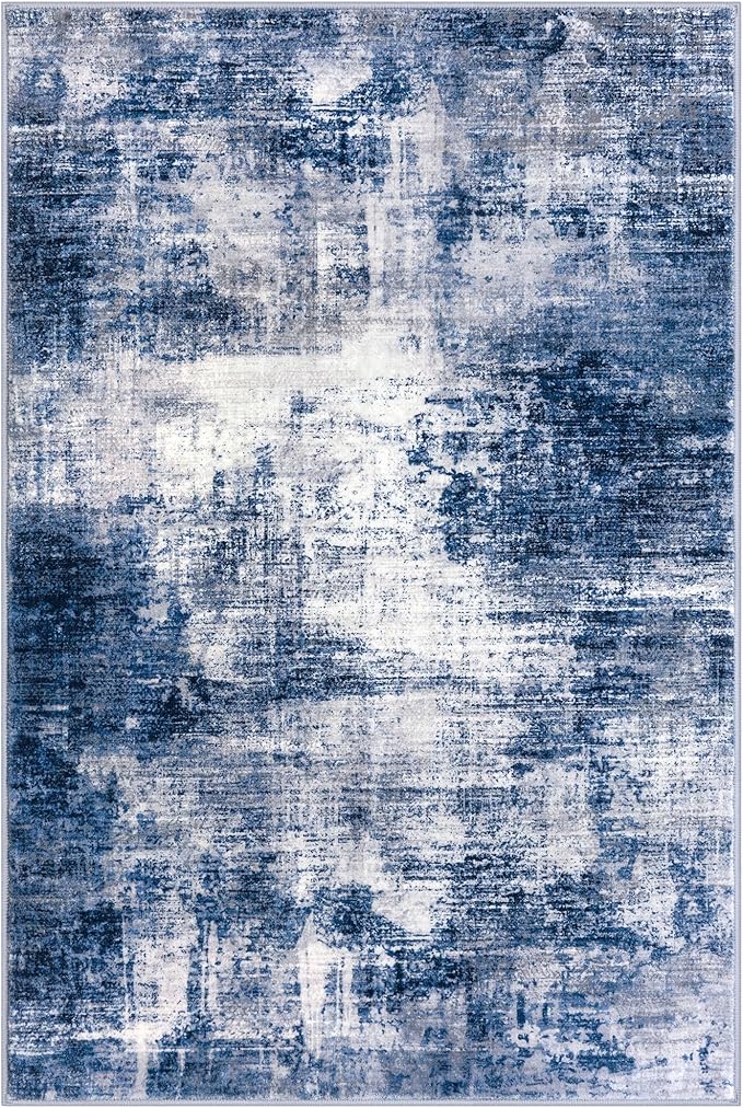 IOHOUZE Abstract Area Rugs 5x7 Ft Washable Rugs for Living Room, Non Slip Dining Room Rug, Printed Faux Wool Rugs for Bedroom, Floor Carpet for Kitchen Nursery Playroom, Navy/Grey