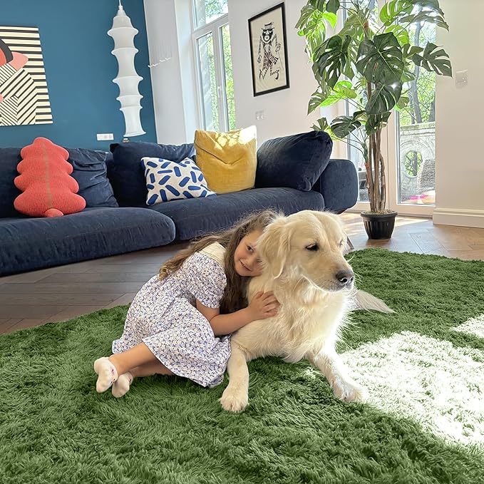 OLANLY 8x10 Machine Washable Large Area Rugs for Living Room, Bedroom, Soft Fluffy Shaggy Bedside Rug, Indoor Floor Carpet for Kids Girls and Boys, Dorms, Nursery, Home Decor Aesthetic, Green