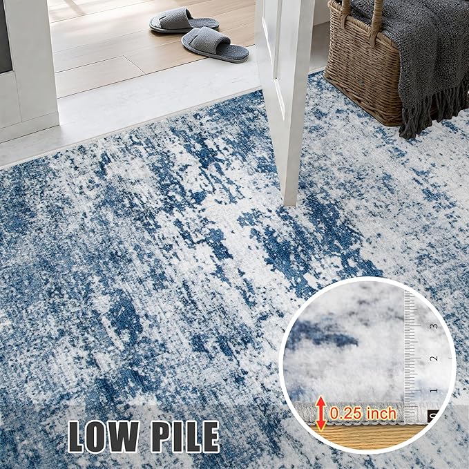 9x12 Area Rug Living Room Rug: Washable Modern Abstract Soft Thin Rug Indoor Floor No Slip Stain Resistant Carpet for Bedroom Dining Room Farmhouse Nursery Home Office - Blue