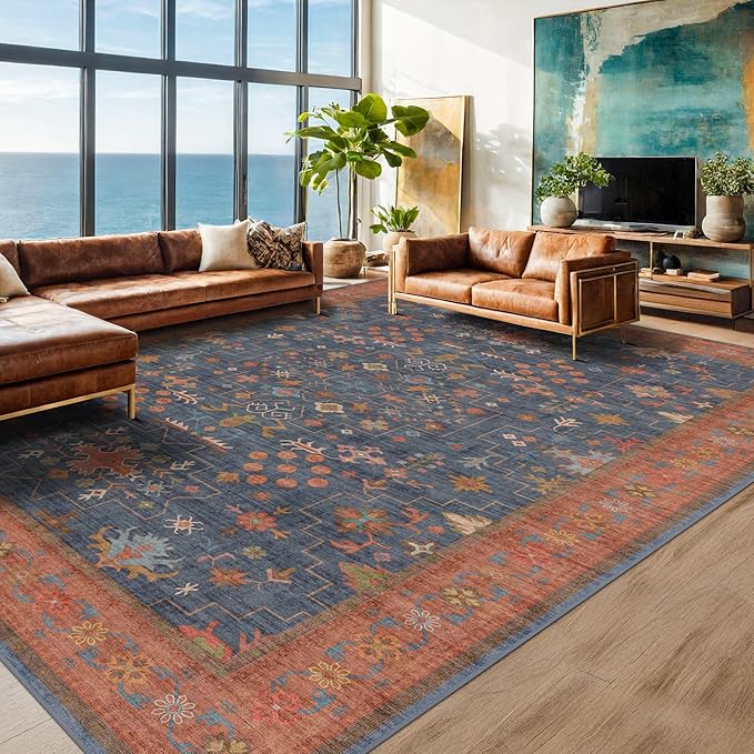 Hazo Haus Dining Room Rugs for Under Table - 7x9 Washable Area Rug for Living Room, Low Pile Non-Slip Rugs for Bedroom - Navy Blue Vintage Boho Unique Home Decor