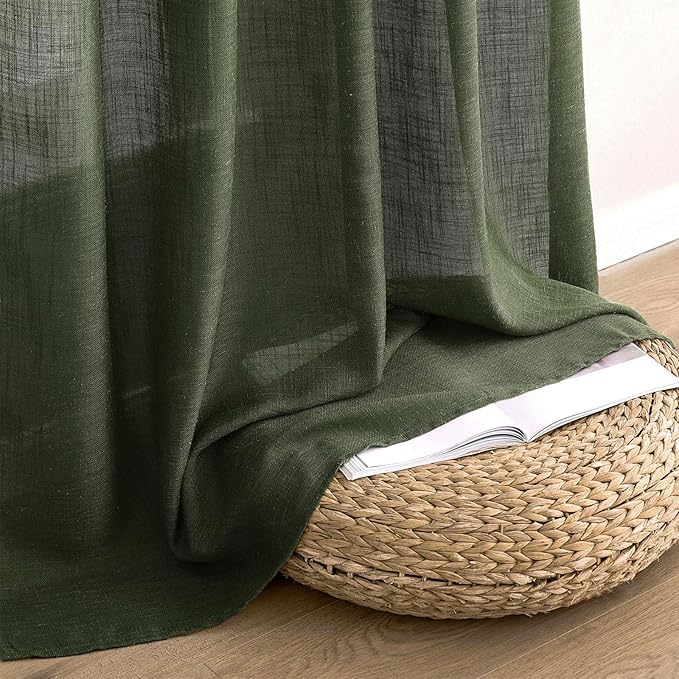 MIULEE Olive Green Linen Curtains 72 Inch Length for Bedroom Living Room, Soft Thick Linen Textured Window Drapes Semi Sheer Light Filtering Back Tab Rod Pocket Burlap Look Christmas Decor, 2 Panels