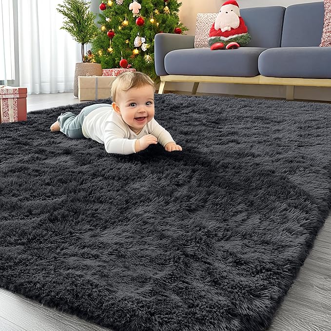 OLANLY 4x10 Area Rugs for Living Room Bedroom, Machine Washable Soft Fluffy Shaggy Bedside Rug, Indoor Floor Carpet for Kids Girls and Boys, Dorms, Nursery Rooms, Home Decor Aesthetic, Black