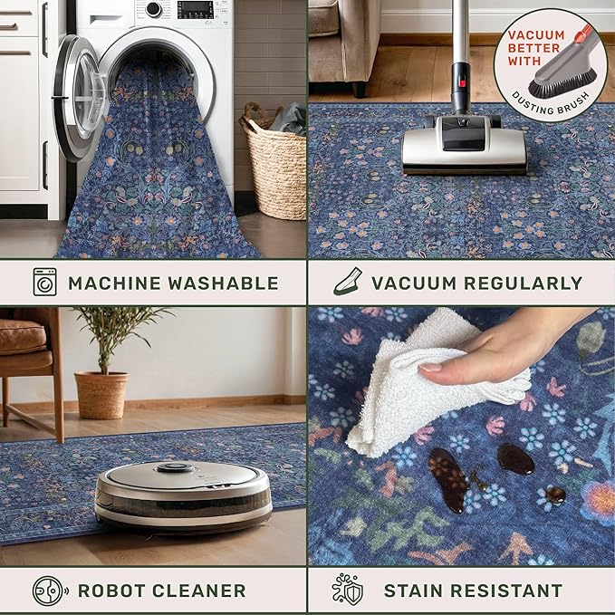 Hazo Haus Vintage Dark Blue Living Room Rug, 7x10 Washable Large Area Rugs for Bedroom, Dining Room Rugs Under Kitchen Table, Oriental Navy Blue Low Pile Stain Resistant Non-Slip