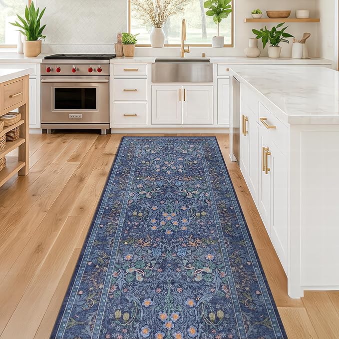 Dark Blue 3x8 Wide Hallway Runner Rugs Indoor Non Slip, 8ft Oriental Washable Rug for Kitchen, Entrance Indoor, Vintage Floral Design Low Pile & Soft Stain Resistant Carpet