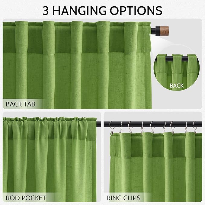 Nanspring Lime Green Linen Blend Light Filtering Back Tab Curtains 96 Inches Long, Semi Sheer Privacy Drapes for Living Room & Bedroom, 52x96 inch, 2 Panels