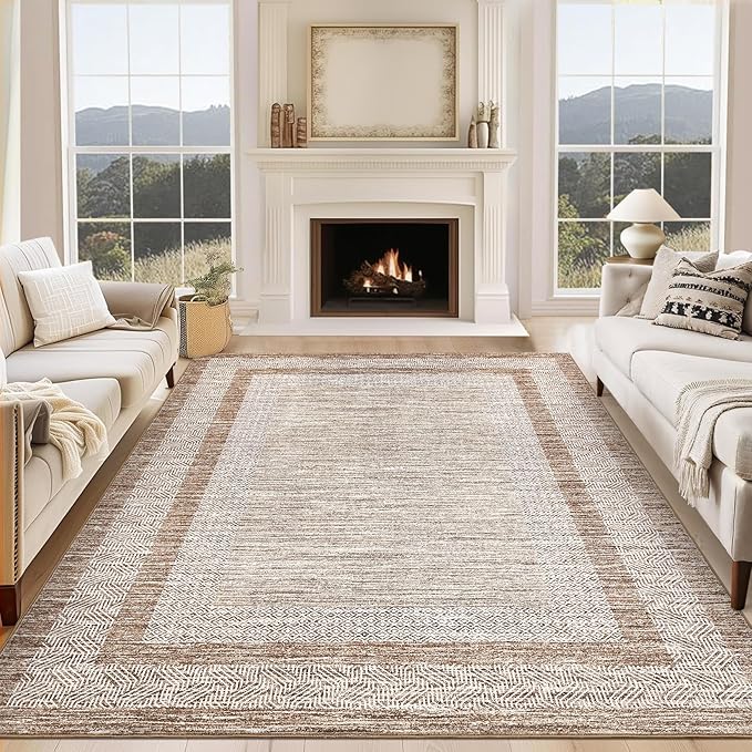 GarveeHome 8x10 Large Washable Area Rug Modern Bordered Rug Distressed Geometric Floor Carpet, Soft Non Slip Rug, Low Pile Non Shedding Rug, Indoor Brown Rug for Bedroom, Living Room