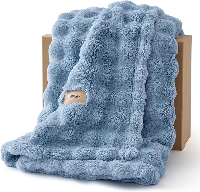 Bedsure 3D Fleece Bubble Blanket for Couch - GentleSoft Blue Spring Throw Blanket for Sofa Bed Room Decor - Luxury Soft Cozy Gifts for Kids Girls, Lightweight, All Seasons, Celestial Blue, 50"×60"