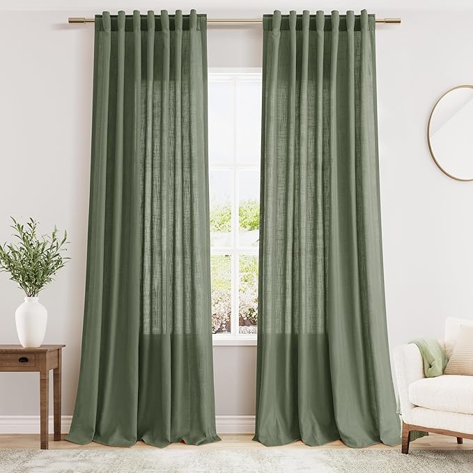 Nanspring Olive Green Linen Curtains for Living Room 2 Panels Set 95 Inch Length Back Tab Light Filtering Semi Sheer Curtain Drapes for Bedroom 52x95