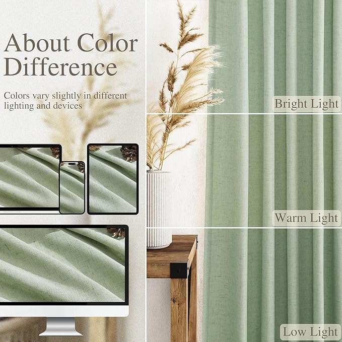 Nanspring Mist Sage Linen Curtains 108 Inches Long for Living Room Bedroom 2 Panels Set Extra Long Back Tab Curtain Light Filtering Sheer Drapes Floor to Ceiling Curtain for Large Windows 52x108