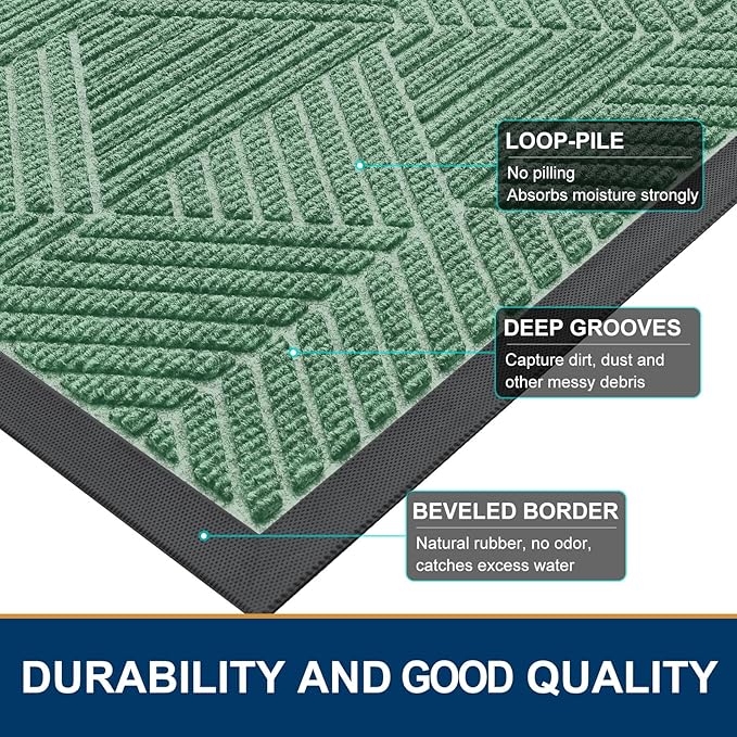Smiry Front Door Mat Outside Entrance, Heavy Duty Sturdy Natural Rubber Doormat, Trap Dirt and Moisture, Easy Clean Low Profile Mats for Indoor Outdoor Entry, Irregular Triangle (29.5x17, Mint Green)