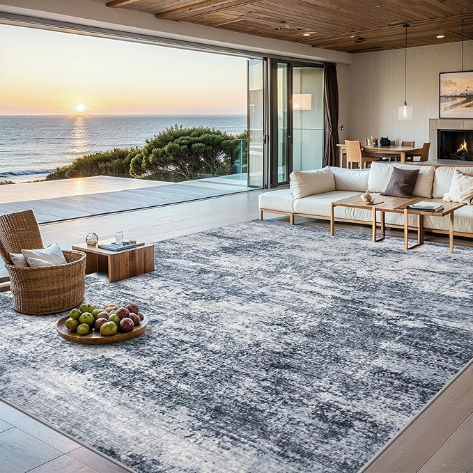 8x10 Area Rugs for Living Room - Washable Rug Modern Abstract Soft Large Neutral Non-Slip Carpet Indoor Floor Thin Carpets for Bedroom Dining Room Farmhouse Nursery Home Office Grey Blue
