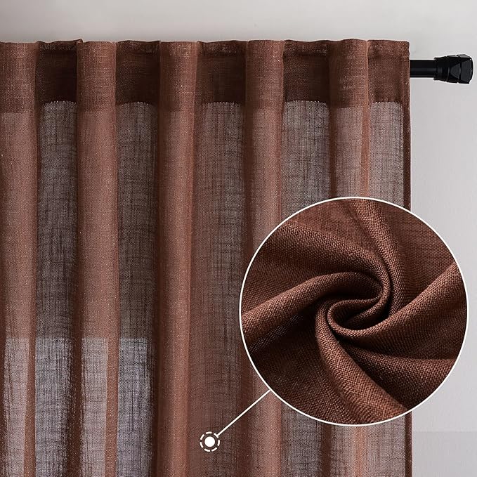 MIULEE Chocolate Brown Linen Curtains 90 Inch Long for Bedroom Living Room, Soft Thick Linen Textured Window Drapes Semi Sheer Light Filtering Back Tab Rod Pocket Burlap Look Decor, 2 Panels