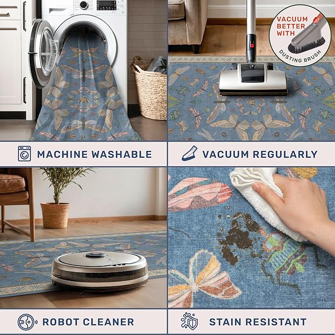 Blue Insect 2'6'' Wide 8' Long Hallway Runner Rug - Washable Kitchen Sink Rug, Non Slip Runner Rug for Entryway, Colorful Vintage Print Home Décor