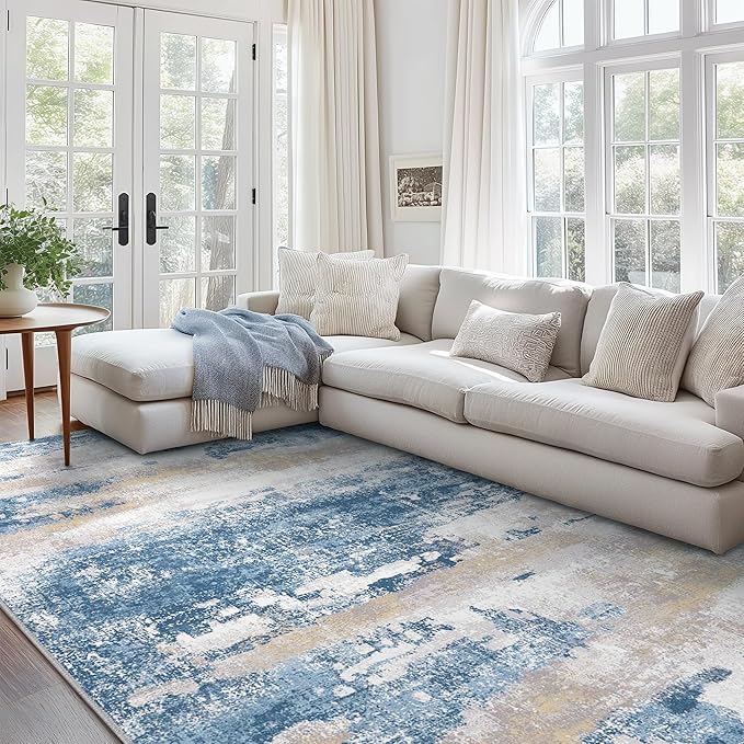 BEIMO Area Rugs 8x10 for Living Room Bedroom, Modern Abstract Machine Washable Soft Blue Cream Rug, Floor Carpet with Non Slip Backing for Dining Room