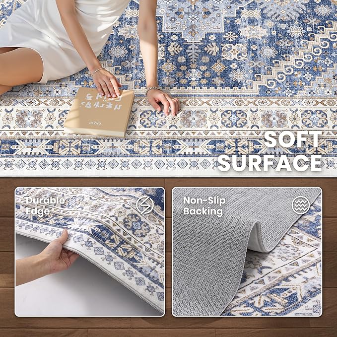 zesthome 10x14 Area Rugs,Stain Resistant Washable Rug,Ultra-Thin Rugs for Living Room,Bedroom,Non-Slip Backing Home Decor Large Area Rug (Blue/Beige,10'x14')