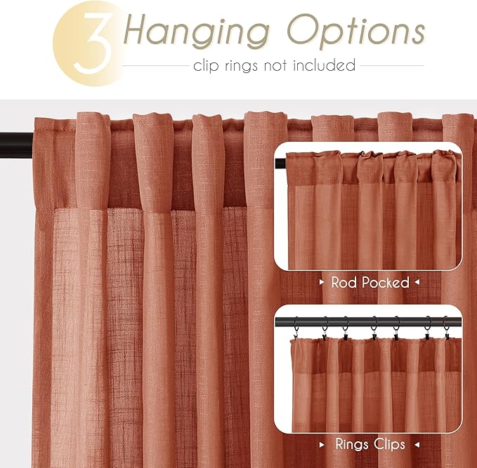 100 inch Linen Terracotta Curtains 2 Panels for Living Room Back Tab Light Filtering Semi Sheer Rust Colored Curtains 100 inches Long Soft Thick Cotton Cloth Textured Rustic Boho Farmhouse Room Decor