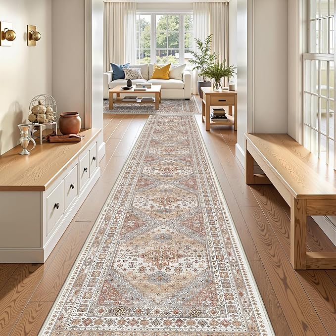 3x20 Long Runner Rug for Hallway, Non-Slip Long Kitchen Mats for Floor, Vintage Washable Rug for Entryway, Soft Hallway Runner for Dining Room, Bedroom, Living Room(Orange,3'x20')