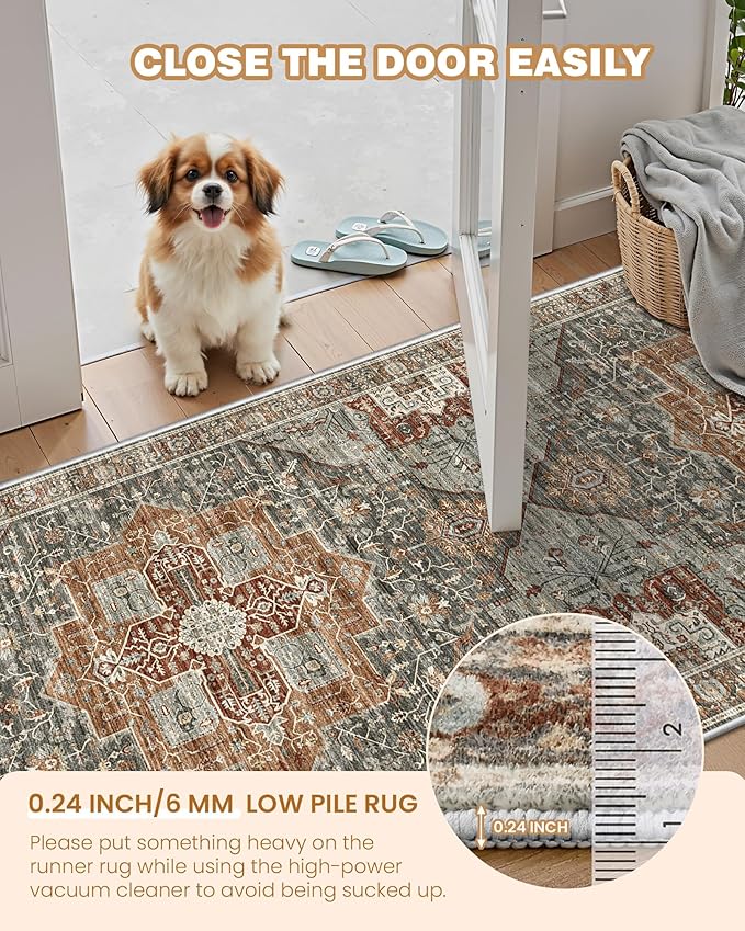 Runner Rug 2x6, Non Slip Washable Rugs for Laundry Room, Runners for Hallways, Low Pile Vintage Soft Rugs for Living Room, Kitchen Bathroom,Bedroom Rug(Grey/Brown/Tan,2'x6')