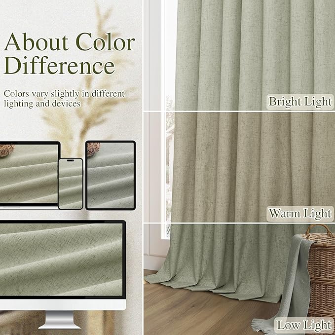 Guken 100% Blackout Linen Curtains 112 Inch Wide by 52 Inch 2 Panels Set for Living Room Bedroom Back Tab Thermal Insulated Black Out Linen Drapes Room Darkening Window Curtains, Sage Green