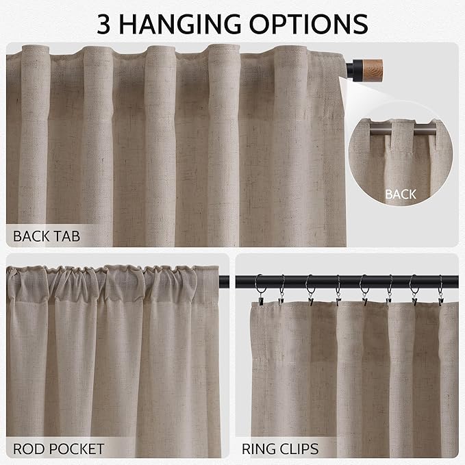 Nanspring Ecru Curtains 102 Inches Long for Living Room Linen Blend Light Filtering Semi Sheer Curtain Back Tab Rustic Decor Natural Farmhouse Floor to Ceiling Boho Drapes for Bedroom 52x102, 2 Panels