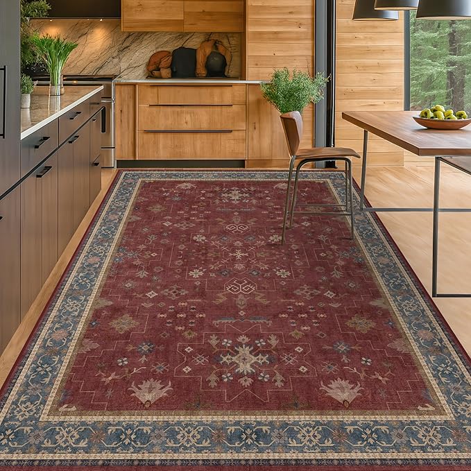 7x9 Dining Room Rugs for Under Table - Vintage Burgundy Boho Living Room Rug, Lightweight Washable Soft Floor Carpet,Southwestern Bed Room Décor Aesthetic