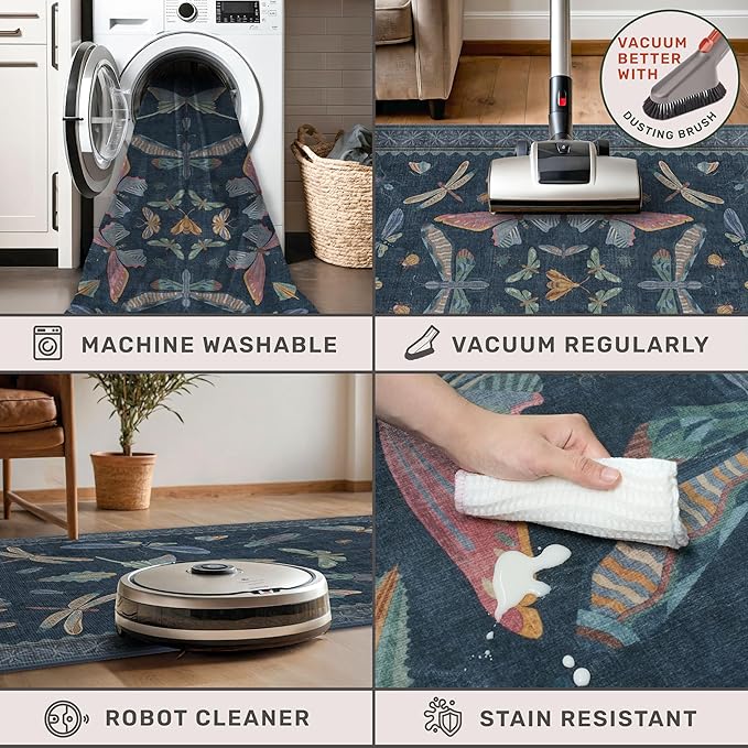 Boho Living Room Area Rug 6x9, Non Slip Dining Room Rugs for Under Table, Washable Soft Low Pile Bedroom, Vintage Insect Moth Dark Home Décor, Stain Resistant Carpet (Navy Blue)