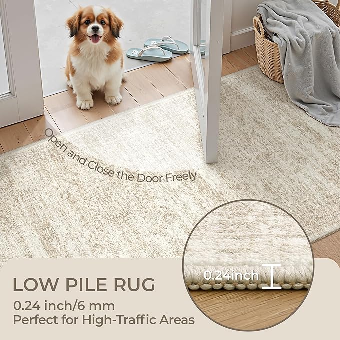 4x12 Runner Rug for Hallway, Low-Pile Wide Runner for Entryway, Long Washable Non-Slip Kitchen Rug, Soft Modern Home Decor Mat for Living, Laundry Room(4'x12', Beige/Ivory)