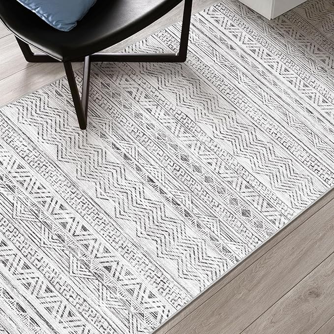 3x4 Washable Entryway Area Rug: Moroccan Small Runner Rug for Hallway Soft Modern Non Slip Door Mat with Rubber Backing Low Pile Thin Floor Carpet for Kitchen Bathroom Bedroom Indoor 3x4 Grey