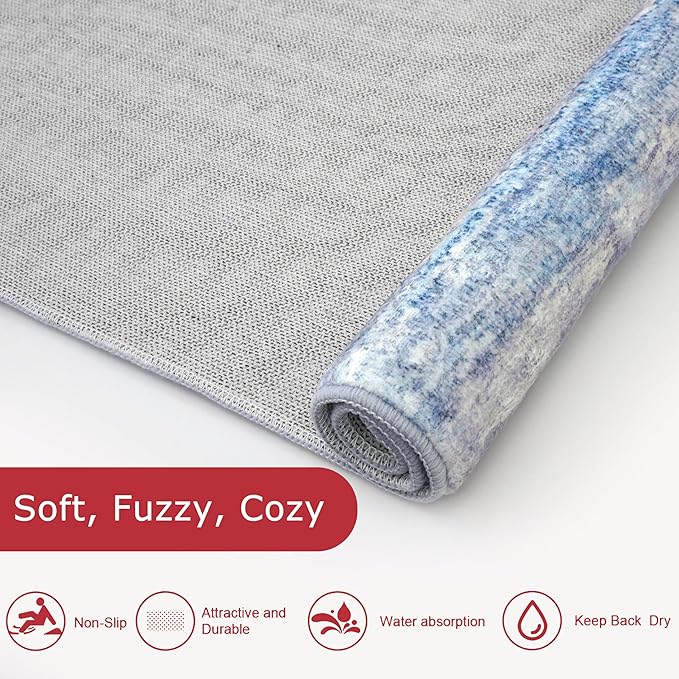 KOZYFLY Modern Abstract Hallway Runner, 2x12 Washable Rug Runner Non-Slip Soft Striped Kitchen Runner Rug, Blue/Grey/Beige Print Carpet for Entryway Bathroom Laundry Room Foyer