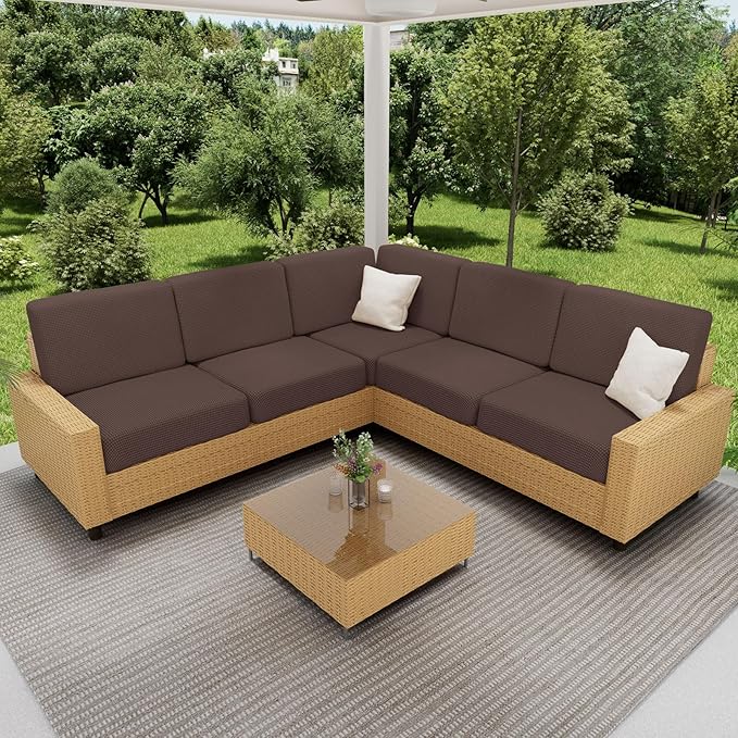 hyha Waterproof Couch Cushion Covers for Pets, Non Slip Sofa Seat Cover for Dogs Washable, Soft Thick Stretch Jacquard Fabric, Sofa Slipcovers with Elastic Bottom (1 Chaise+3 Seater, Brown)