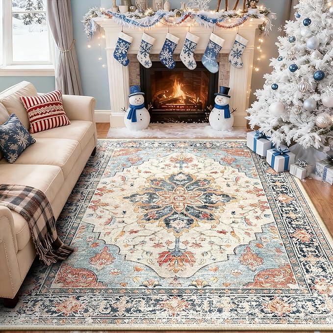 Area Rugs 5'x7' Washable Non-Slip, Floral Vintage Distress Print Pattern Medallion Carpet for Living Room Bedroom Dining Room, Beige Navy Blue Orange Colorful