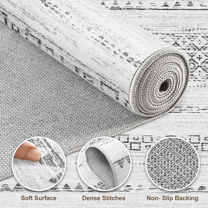 Nakagishi Round Rug Boho Area Rugs: 8x8 Washable Large Circle Neutral Soft Stain Resistant Non-Slip Carpet for Women Aged 25-45 Farmhouse Decor Enthusiasts - Living Room Bedroom Dining Room Nursery