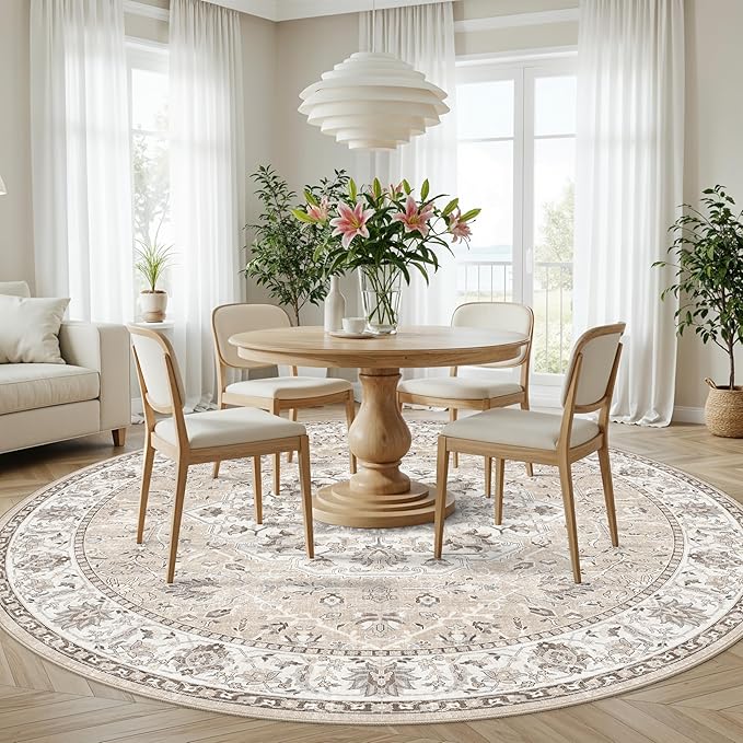 Washable 6ft Circle Round Rug: 6x6 Low-Pile Circular Rug for Living Room Bedroom Cute Office Nursery Area Rug with TPR Rubber Backing Soft Stain-Resistant Carpet Bathroom Entryway Dorm(6Round，Beige)