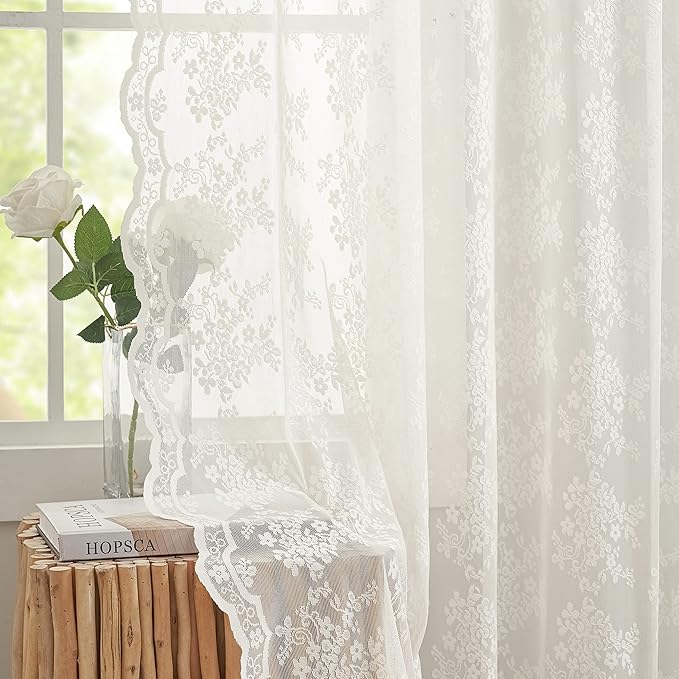 YJ YANJUN Vintage Lace Curtains 63 Inches Length- Elegant Victorian Floral Ivory Sheer Curtain Panels for Living Room Bedroom Kitchen, Scalloped Edges Rod Pocket, 2 Panels 52W x 63L Cream
