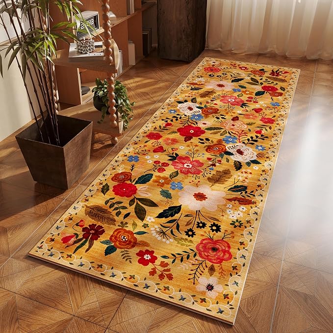 Rugcomf Runner Rug for Kitchen Rug Non Slip 2'x 6' Washable Rugs with Rubber Backing Soft Floral Carpet Runner for Hallways, Kitchen, Laundry, Bedroom, Bathroom(Yellow)