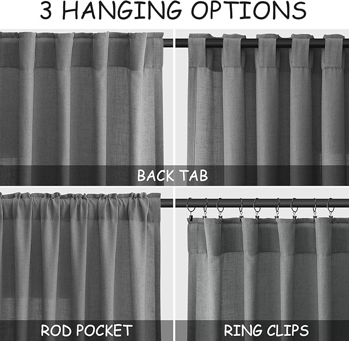 Nanspring Dark Grey Semi Sheer Curtains 72 Inches Long 2 Panels Set for Bedroom Privacy Back Tab Rod Pocket Light Filtering Drapes Cotton Linen Textured Farmhouse Living Room Curtain 52X72 Inches
