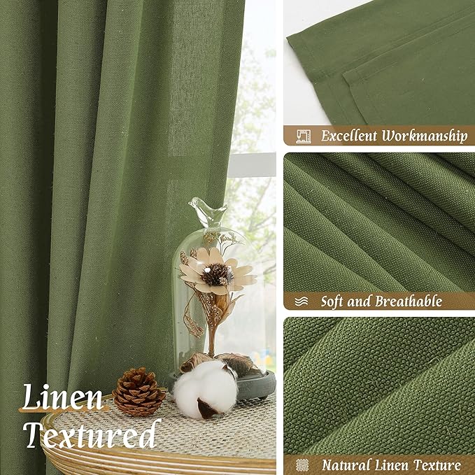 LAMIT Faux Linen Curtains 63 inches Long for Bedroom, Rod Pocket Thick Linen Drapes Light Filtering Privacy Window Christmas Decor Curtains for Living Room, 2 Panels (52 x 63 Inch, Olive Green)