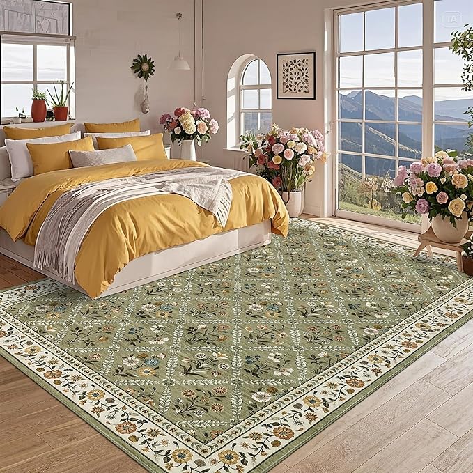 GarveeHome Living Room Rug 5x7 Rug Machine Washable Stain Resistant Area Rug Non Slip Floral Vintage Low Pile Rugs for Living Room, Bedroom, Farmhouse, Dining Room, Kids PlayroomGreen