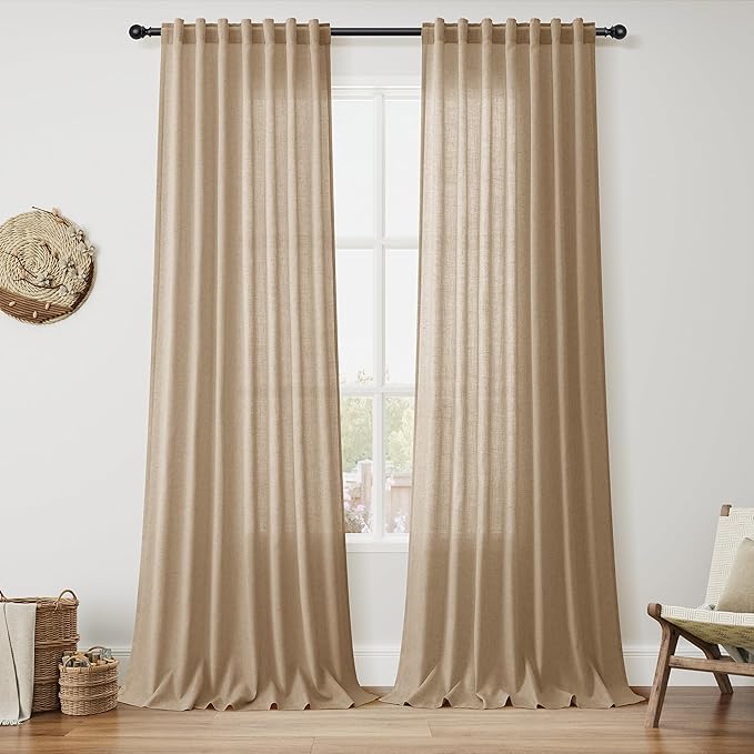 Sand Beige Linen Curtains for Living Room 105 Inches Long Simple Modern Light Filtering Semi Sheer Curtain Back Tab Rustic Farmhouse Luxury Home Decor Drapes for Bedroom Dinner Room 52x105, 2 Panels