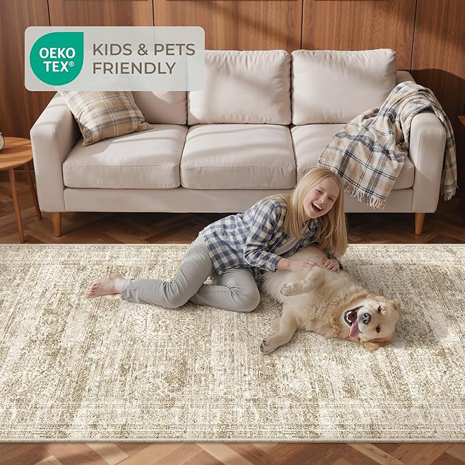 3x18 Washable Runner Rug for Hallway, Non-Slip Long Hallway Runner for Entryway, Soft Vintage Kitchen Mats for Floor, Abstract Dining Room, Bedroom, Living Room Rugs(3'x18', Brown/Ivory)