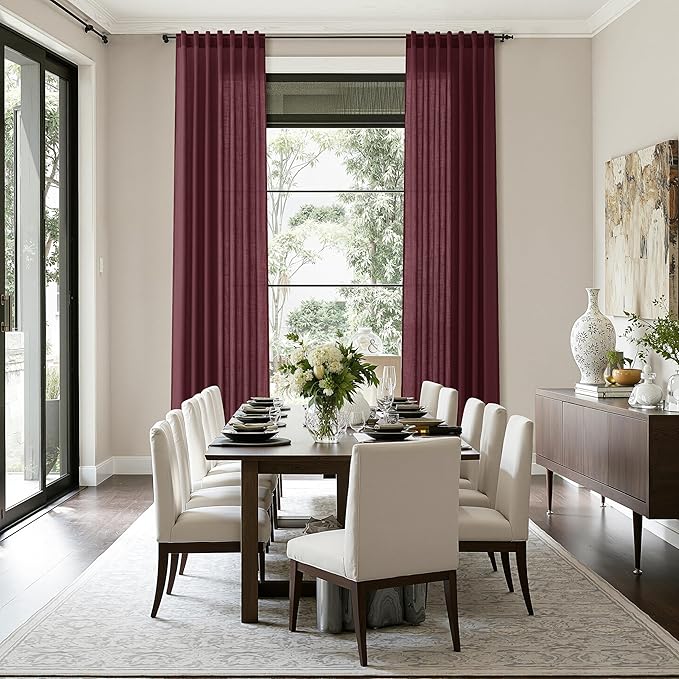 Nanspring Burgundy Linen Curtains 80 Inch Length for Living Room Light Filtering Semi Sheer Curtain Back Tab Vintage Boho Decor Elegant Luxury Drapes for Bedroom Dinner Room 52x80, 2 Panels