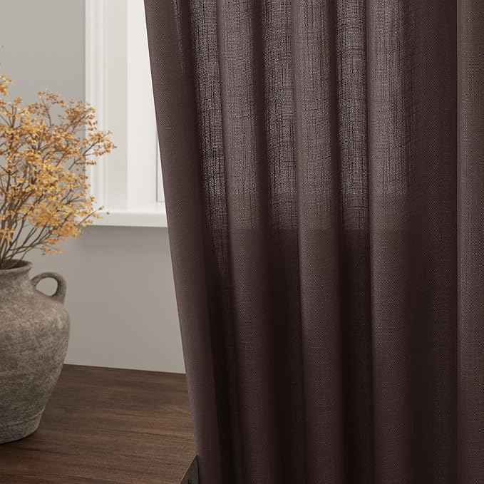 Nanspring Coffee Linen Boho Curtains for Bedroom Back Tab Rod Pocket Semi Sheer Linen Curtains 90 Inches Long 2 Panel Set Light Filtering Neutral Farmhouse Lightweight Drapes for Living Room 52x90