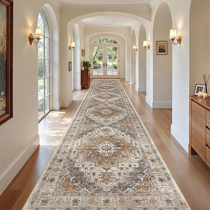 Madane 3x20 Hallway Runner Rug - Extra Long Carpet Runners for Hallways 20ft Non Slip Stain Resistant Rugs Runner for Living Room Bedroom 20 Feet Distressed Floor Carpet for Kitchen, Turmeric/Grey
