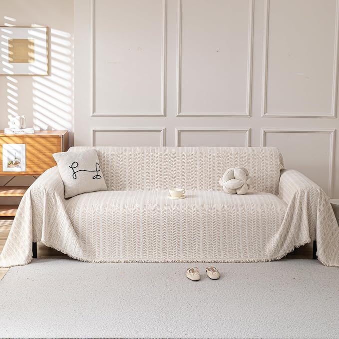 Boho Chenille Couch Cover for Dogs, Non Slip Sofa Cover, Couch Slipcover Covers for 3 Cushion, Furniture Protector with Tassels for Pets Washable, 91"x150", Fishbone Beige