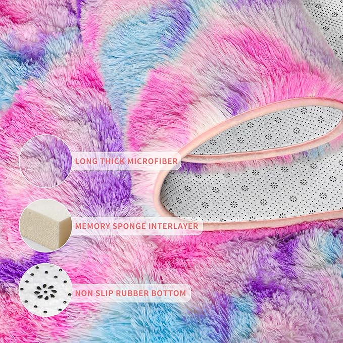Tepook Soft Rainbow Rug for Girls Room, Cute Fluffy Girls Bedroom Rugs, 2x6 Feet Shaggy Princess Rug Colorful Carpet for Kids Teens Toddler Playroom Nursery Reading Nook, Hot Pink