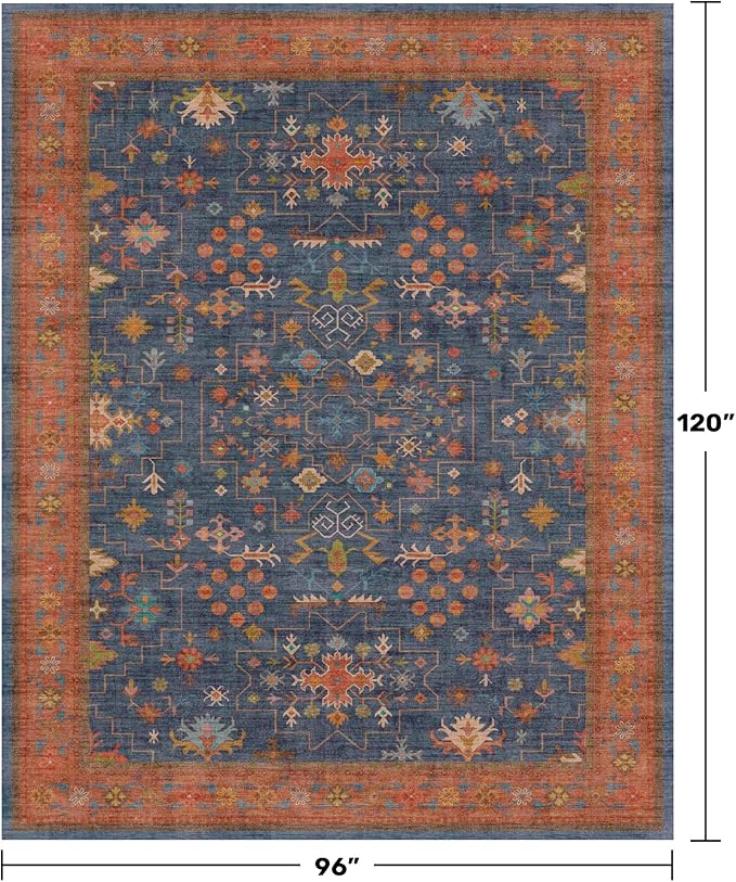 Washable Navy Blue Living Room Rug, 8x10 Area Rug For Bedroom, Dining Room Rugs for Under Table - Low Pile Non-Slip Rubber Backing Stain Resistant Rug - Aethestic Boho Home Decor (8x10 Navy Blue)